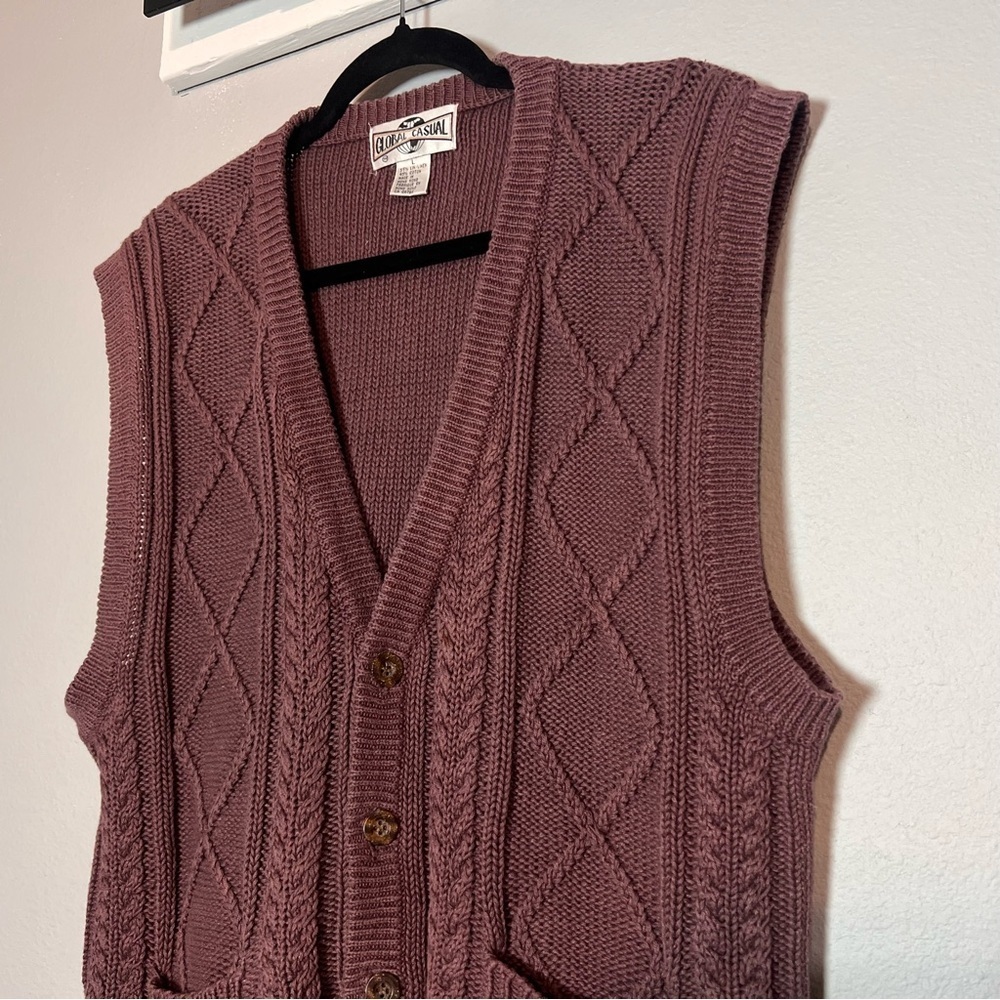 Vintage Cable Knit Sweater Vest Size Large Chunky Brown Linen Cotton Unisex Mens